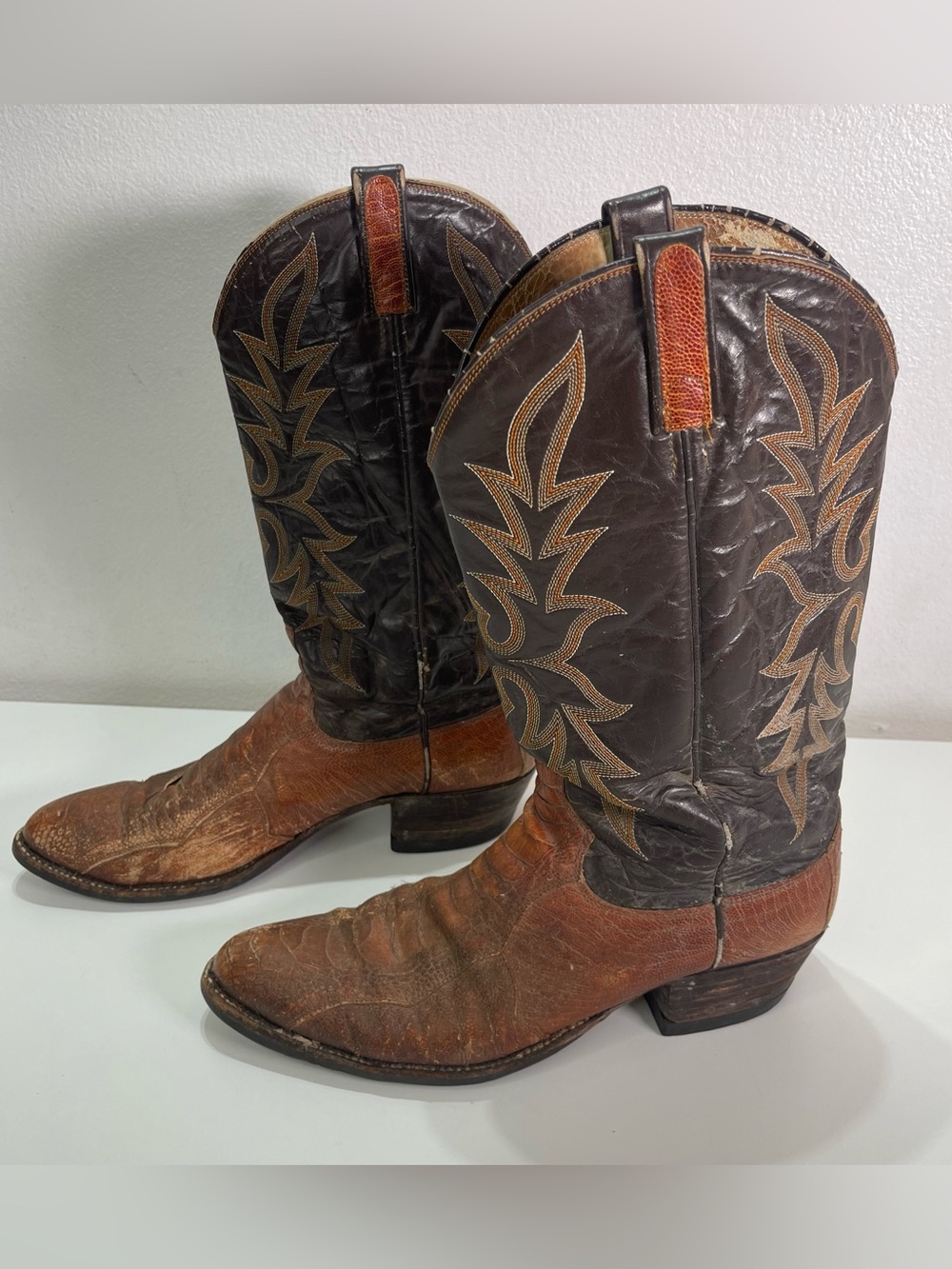 Vtg Dan Post Leather Boots Ostrich Leg Two Tone Cowboy Men’s 10 Rare Distress